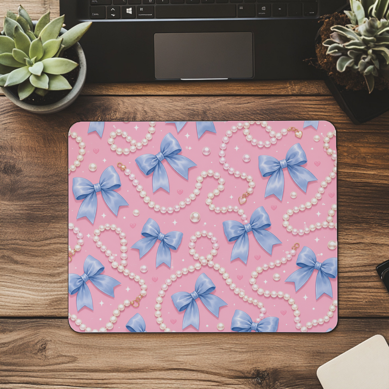 Mouse Pad - Blue Bows and Pearls