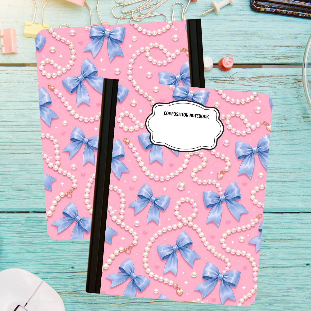 Composition Notebook - Blue Bows and Pearls